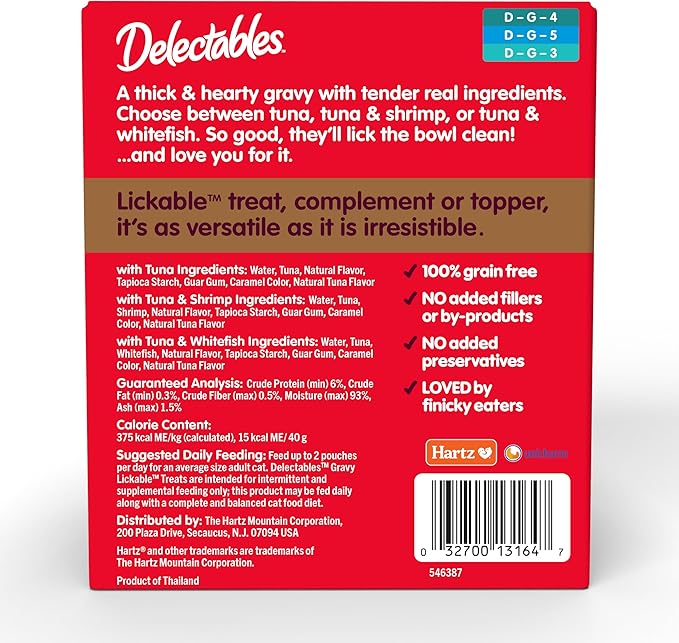 Delectables Lickable Treat Gravy Seafood Variety Wet Cat Treat & Food Topper, Food Topper, Hydrating, Grain-Free, No Fillers, No by-Products, No Added Preservatives, 1.4-oz Pouch, 12 Count