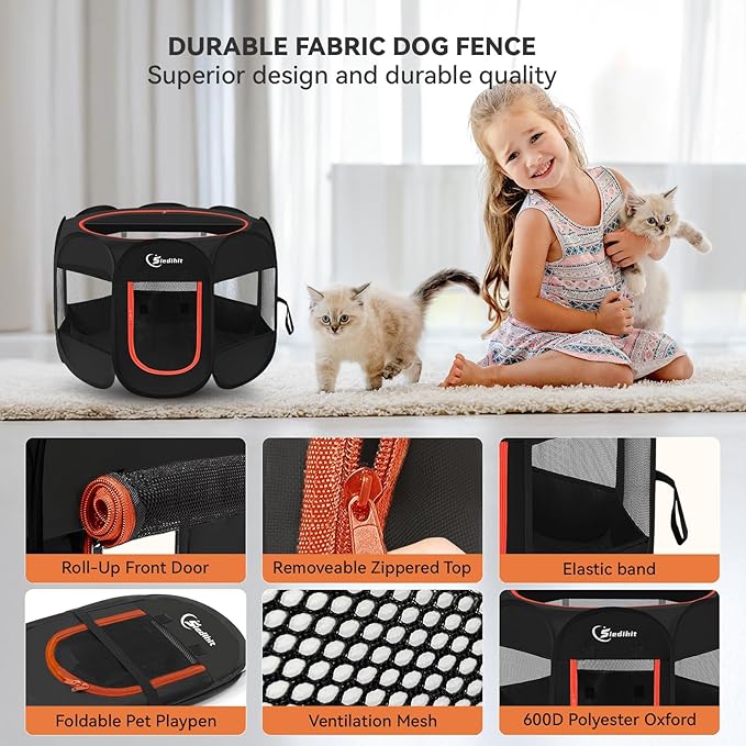 Siedihit Black Dog Cat Playpen, Puppy Pet Playpen Indoor for Small Dog Crate Tent Cage Outdoor, Portable Pop Up Dogs Enclosure Kennel with Carrying Case for Dogs/Cats/Rabbits