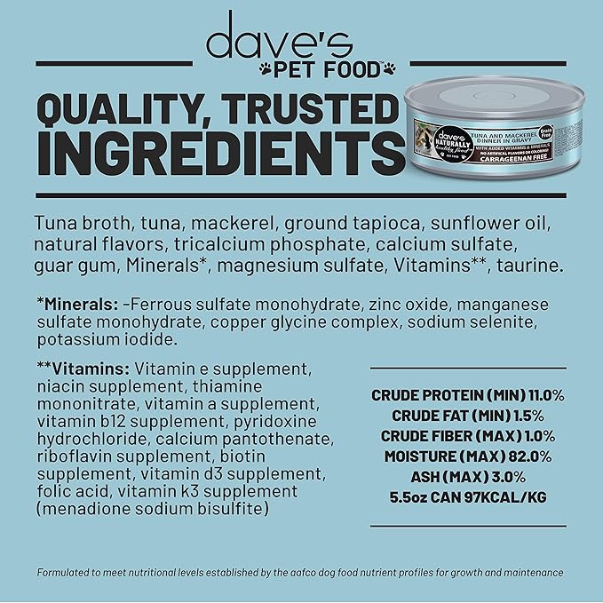 Dave's Pet Food Grain Free Wet Cat Food Gravy (Tuna & Mackerel Dinner in Gravy), Naturally Healthy Canned, Added Vitamins, 5.5 oz Cans (12 Pack)