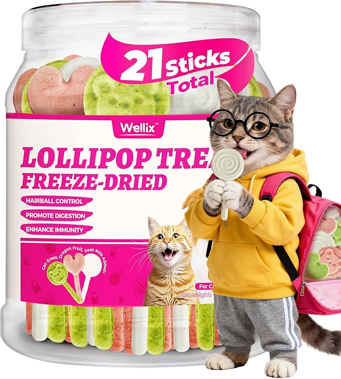 Wellix Freeze-Dried Treats for Dogs and Cats - Cat Grass, Dragon Fruit, Goat Milk Flavor 21pcs, Lollipop Healthy Cat Treats, Chicken Recipe Cat Treats, Low Calorie Training Treats