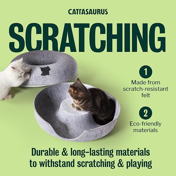 Cattasaurus Peekaboo Cat Cave Donut for Multiple & Large Cats up to 30-45 lbs, 3-in-1 Self Warming Cat Bed, Tunnel & Scratcher for Indoor Cats, Washable & Detachable (Light Gray + Light Gray, Large)