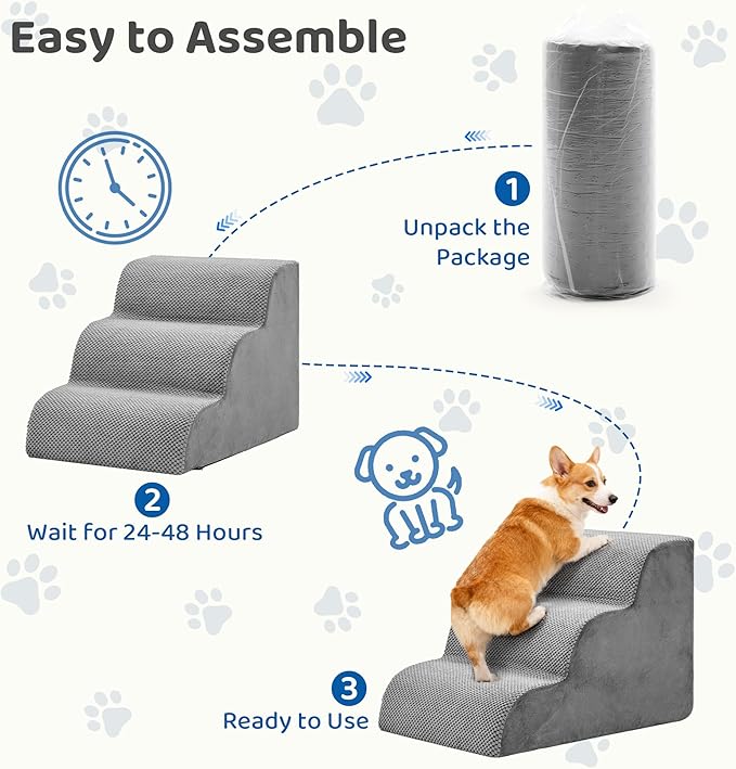 DUMOS Dog Stairs Ramp for Small Dogs and Cats, 3-Step Curved Pet Dog Steps with High-Density Foam for Puppy and Older Cats, Indoor Non-Slip Pet Ladder Ramp Stairs for Couch, High Beds, Sofa, Car-Grey