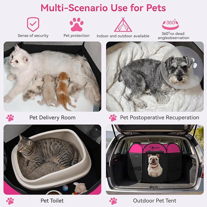 Siedihit Dog Playpen, Medium Puppy Pet Playpen, Dog Crate Tent Cage Indoor/Outdoor, Portable Pop Up Dogs Kennel Playpen with Carrying Case for Dogs/Cats/Rabbits, Hot Pink