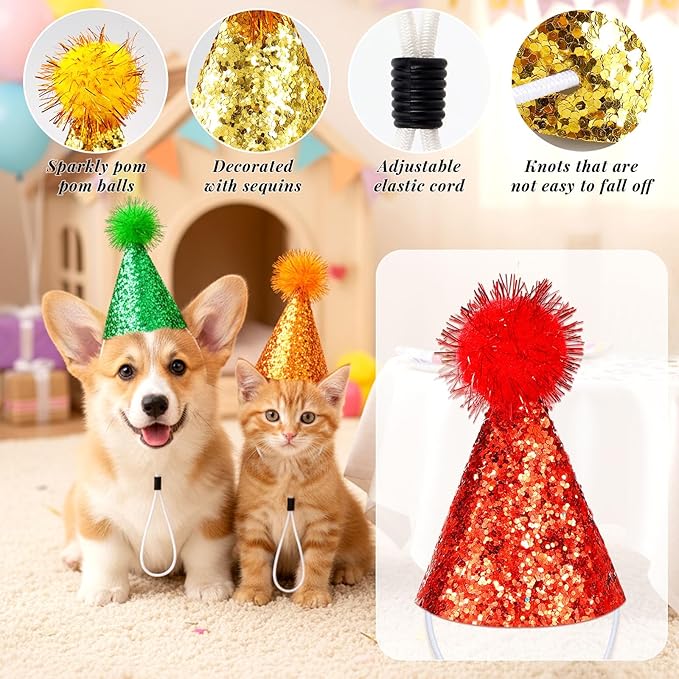 10Pcs Small Dog Party Hats with Sequins, Cats Adjustable Holiday Hats, Puppy Paper Hats for Birthday, Mini Party Hats for Stuffed Animals, Glitter Birthday Party Hats with Pom Poms for Pets
