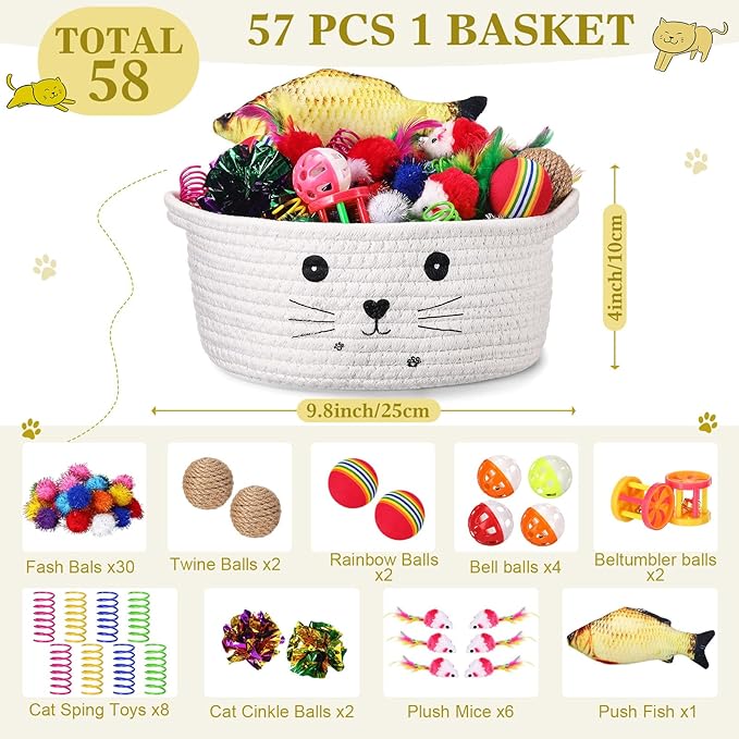 Zopeal 58 Pcs Summer Graduation Cat Storage Basket Gift Toys Set, Colorful Flashing Balls Pet Bell Crinkle Balls Spring Toys Attract Cat to Swat, Hunt, Interactive for Pet(White,9.8 Inch)