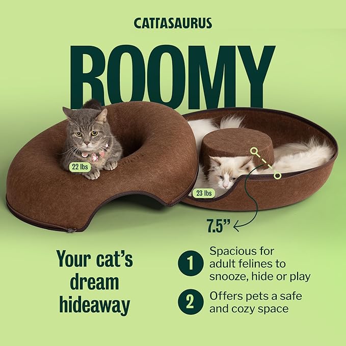 Cattasaurus Peekaboo Cat Cave Donut for Multiple & Large Cats up to 30-45 lbs, 3-in-1 Self Warming Cat Bed, Tunnel & Scratcher for Indoor Cats, Washable & Detachable Small Dog Bed (Brown, Large)