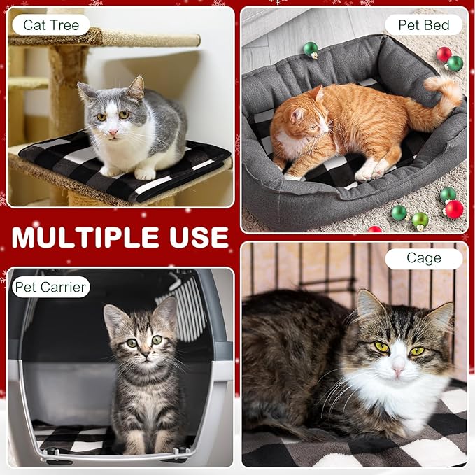 HunnmingRe 2 Pack Self Warming Cat Bed Self Heating Dog Pad Cat Warming Pad Thermal Pet Mat Washable Reflect Body Heat Removable Cover for Indoor Kittens Puppies (Black White Plaid,16 x 20 Inch)