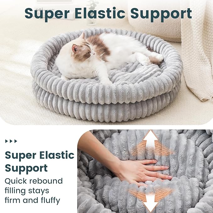 Small Dog Beds, Machine Washable Donut Large Cat Beds for Indoor Cats, Fluffy Round Pet Bed with Anti-Slip Bottom for Puppy and Kitten, Gray, 28"x28"x5"