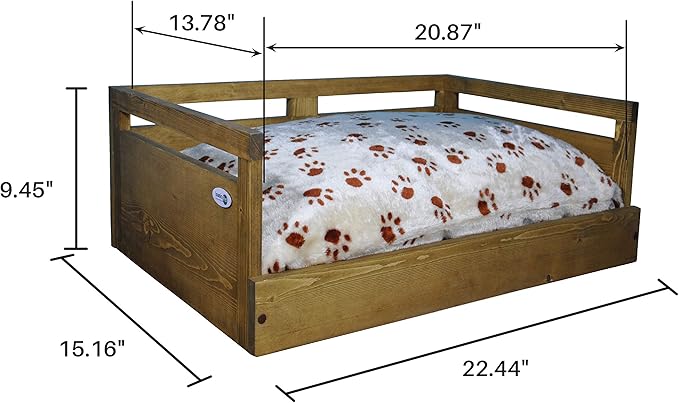 Iconic Pet Sassy Paws Wooden Pet Bed with Paw Printed Comfy Cushion for Dogs & Cats in Varying Sizes & Colors, Small-Rustic Brown