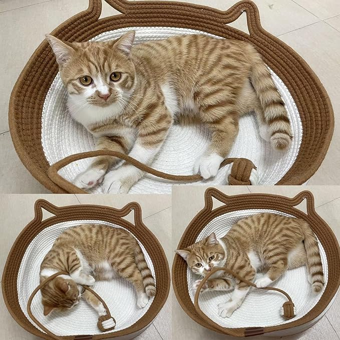 Large Stimulicat Cat Bed Rope Cotton with Cushion, Eliminates Bed Rejection Round Pet Basket, Boho Catbed for Cats Handwoven Scratchable Breathable Weave
