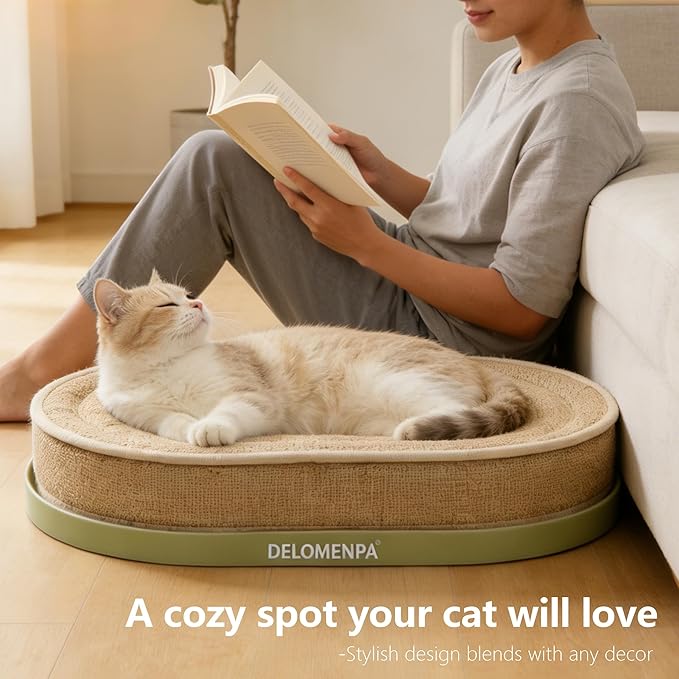 Large Sisal Cat Scratcher Lounge, 2-in-1 Cat Bed with Durable Base & Plush Foam Cushion, Non-Shedding Cat Scratching Pad for Indoor Cats, 22"x14" Oval Nest, No Mess Furniture Protector