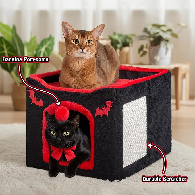 Gothic Cat House Bed for Indoor Cats Coffin Cat Condo with Scratch Pad and Fluffy Ball Toy, Foldable Hideaway Cube, Pet Bed for Kittens and Large Cats, 16.5x16.5x13in, Red Black Halloween