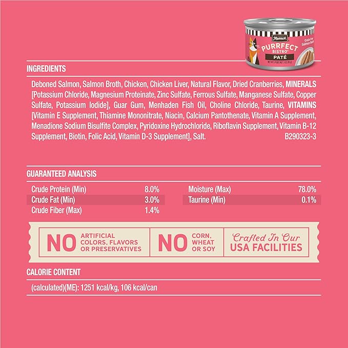 Merrick Purrfect Bistro Grain Free Premium Soft Canned Pate Adult Wet Cat Food, High Protein Salmon Recipe - (Pack of 24) 3 oz. Cans