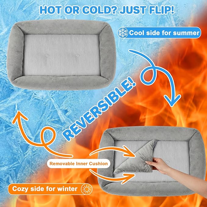 Washable Dog Bed for Large Dogs—Removable Inner Cushion & Reversible Design (Ice Silk Cooling Layer|Sherpa Fleece Layer), Non‑Slip Bottom Dog Beds for Crate, Medium, Small Dogs, Grey (24" X 15")