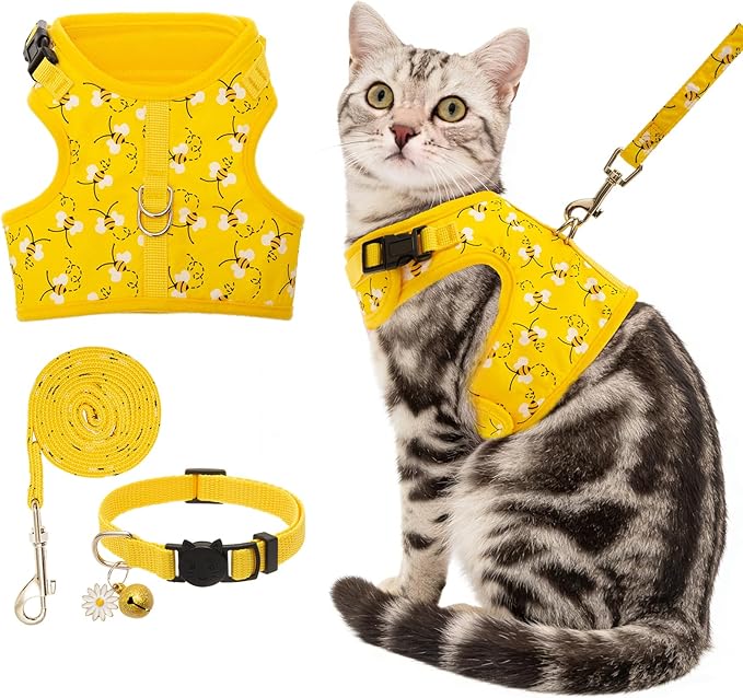 BINGPET Cat Harness with Leash and Collar for Walking - Escape Proof with 59 Inches Leash - Adjustable Soft Vest Harnesses for Medium Large Cats Bee
