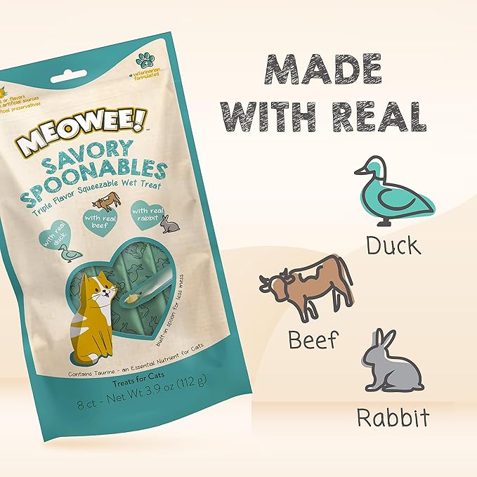 MEOWEE! Savory Spoonables with Real Duck, Beef & Rabbit, 8 Count Tube, Triple Flavor Squeezable Lickable Wet Treats for Cats with Built-in Spoon for Less Mess
