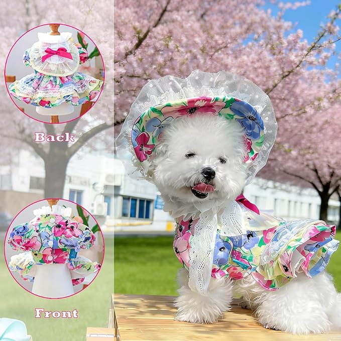 2 Pcs Pet Floral Dress and Lace Sunhat, Summer Skirt with Laces for Dog, Cute Bowknot Dresses for Cat, for Birthday Party and Outdoor Travel (Colorful, Small)