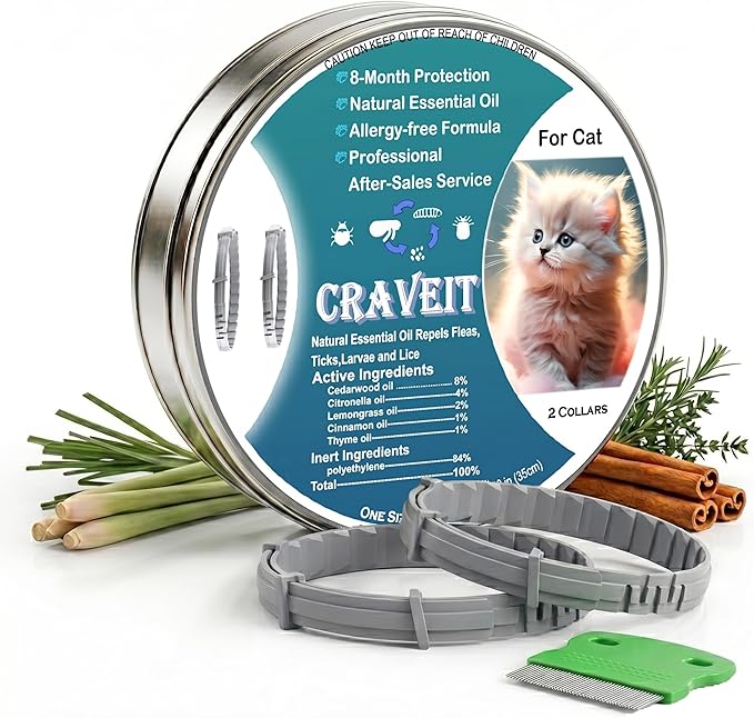 Craveit Cat Flea Collar, 2 Pack Flea Collar for Cats, Gentle Plant-Based Tick Repellent for cat, Waterproof & Adjustable, 8-Month Long-Lasting Defense