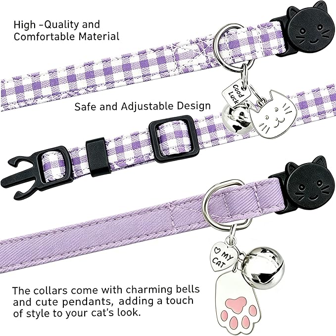 2 Pack Cotton Breakaway Cat Collars with Bell and Charms Purple Solid Plaid Safety Collars for Girl Boy Cats, Cat Head and Paw Pendant Cute Kitten Collars