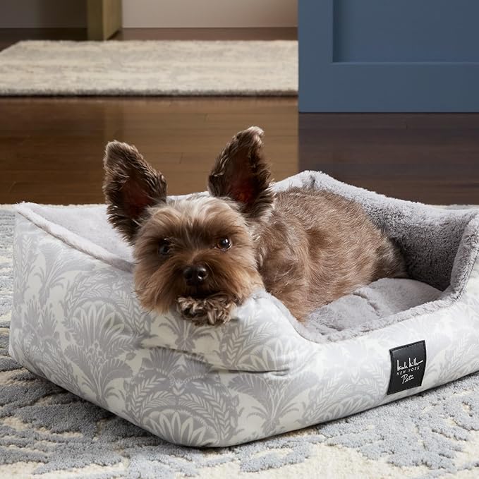Nicole Miller New York PET Mod Damask Plushy Bolster Pet Bed, Cozy & Calming, Non-Slip Bottom, Machine Washable Cover, Grey, Medium 30"x23"x8"