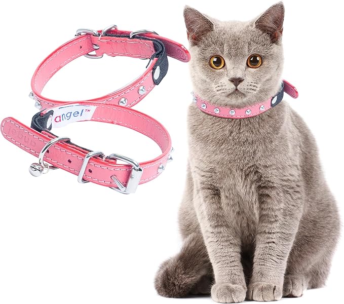 Studded Cat Collar, Genuine Leather Kitten Collar, Sturdy Breakaway Cat Collar with Bell and Elastic Stretch, Cat Accessories, Bubblegum Pink, 10 x 1/2 inches - Angel Pet Supplies