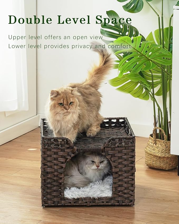 SETVSON Cat Beds Indoor Kitten House, Handwoven Rattan Cat Cave Pet Cube, Large Cat Houses, One Bed Mat, Foldable, Hideaway, 16.5x16.5x13.2 Inches, 2 S-Shaped Hooks in Living Room Bedroom Brown