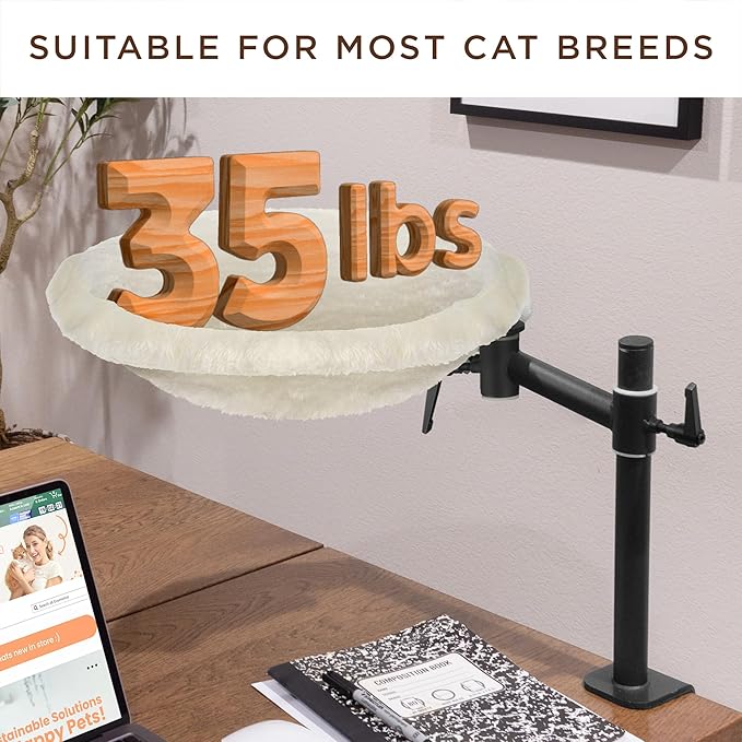 Deskside Dreamer - Cat Desk Perch, [+ Catnip Fish Toy], Comes with [2 Washable Fabrics]: Mesh and Plush, 360° Rotating & Height Adjustable [Beige]. Max Weight 35LBS