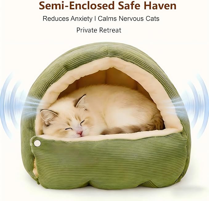 Cat Cave Bed with Hood - Indoor Cat Bed for Cats, Soft Cat Sleeping Bag, Pet Cave for Cats, Detachable Design (Green, 22 inch)