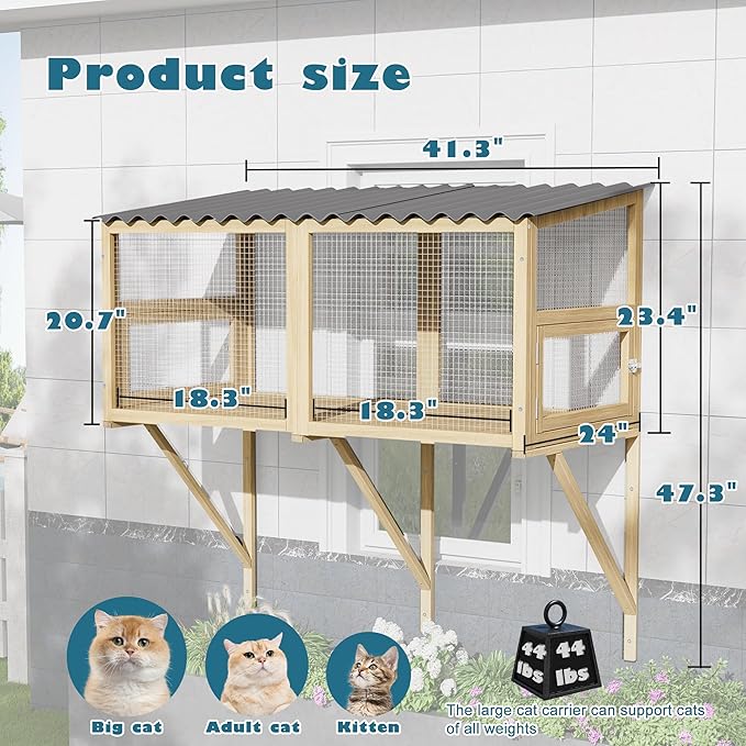 Cat Catio, Cat Window Box for Multiple Indoor Cats, Catio Pet Perch with Metal Mesh Locking Side Door, Wooden Enclosure Window All Weather Use 360° Enjoying Outdoors (Original Wood, Large)