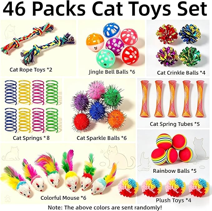 46 PCS Cat Toys for Indoor Cats, Kitten Toys with Cat Spring Toy, Mint Catnip with Crinkle Mouse Ball for Indoor Cats Kittens Exercise