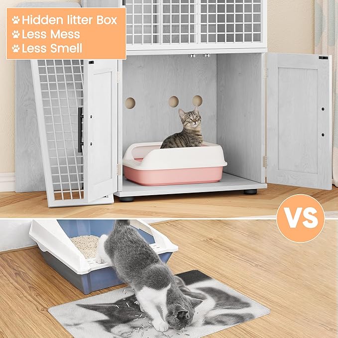 IDEALHOUSE Modern Cat Litter Box Enclosure with Platform, Double Layer Hidden Litter Box, Indoor Washroom, Villa Cat House with Ladder, 33.5" l x 17.9" w x 41.9" h,White