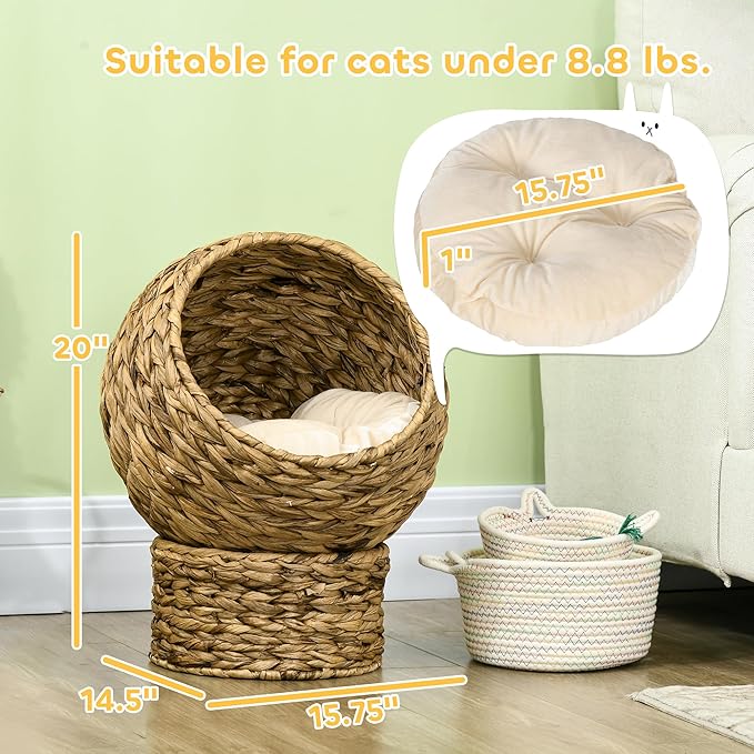 PAWHUT Egg Chair Rattan Elevated CAT Bed with Removable Cover, 17-in, Brown