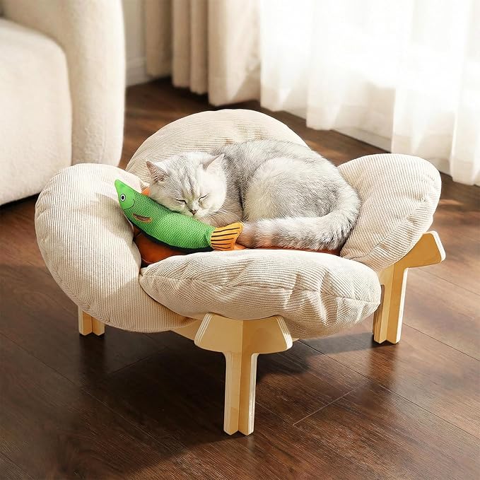 Elevated Flower Cat Bed with Thickened Soft Cushions, Aesthetic Raised Cat Chair for Indoor Cats, Wooden Cats Furniture with Toy, 39lbs Capacity (Beige Petal & Orange Center)