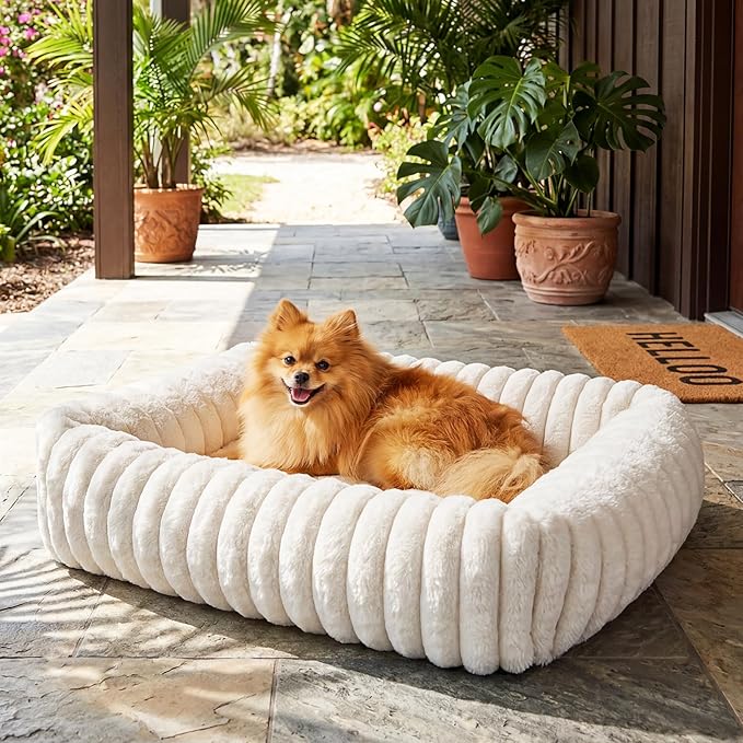 Cat Beds for Indoor Cats, Square Self Warming Cat Bed Orthopedic Pet Bed with Pillow Super Soft Rabbit Fur Small Dog Beds, Calming Plush Kitten Bed with Removable Washable Cover & Anti-Slip Bottom