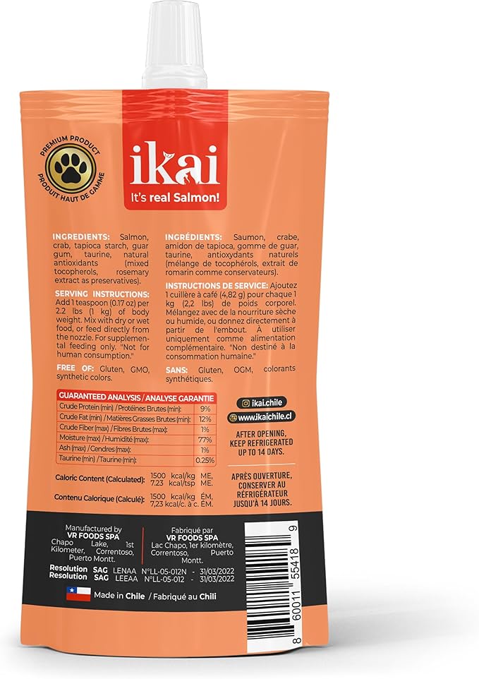 IKAI - Lickable Wet Cat Treats - Patagonian Salmon from Chile, No By-Products, Highly Digestible Protein, with Omega 3 & 6 for Healthy Skin & Glossy Coat - 2.11 oz (1 Pack, Salmon & Crab)
