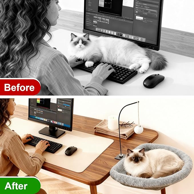 Cat Desk Bed - 17x18 in Cat Desk Perch for Remote Workers, Gamers and Office Staff - Desktop Suspended Cat's Bed (Holds up to 40 lb) - Foldable Cats Hammock Desk for Removable Cover and Toy Holder