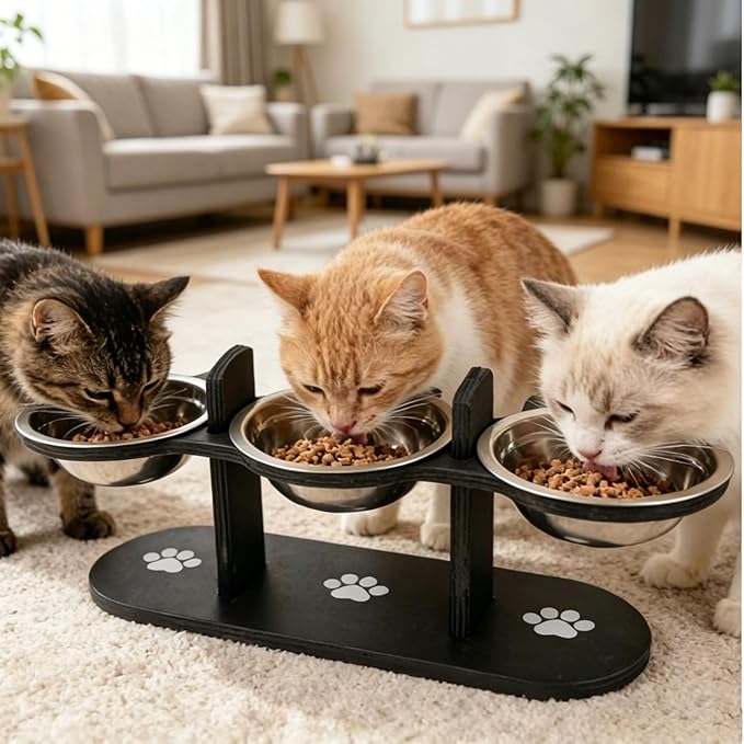 2026 New Anti-Slip Elevated 3-Bowl Pet Feeder, Cat Bowls With Stand Tilted, Stainlesssteel Cat Feeding Station, Ergonomic Elevated Cats Bowls With Wooden Base, Pet Feeding Station For Food & Water (A)
