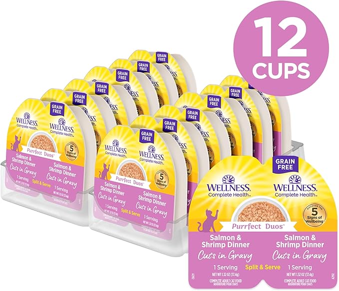 Wellness Complete Health Purrfect Duos Cuts in Gravy Adult Wet Cat Food, Natural, Protein Rich, Grain Free, Salmon and Shrimp Dinner Recipe, 2.64 oz, Pack of 12 Split Cups