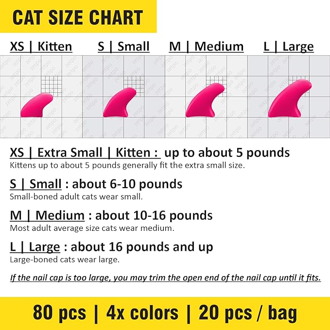 zetpo 80 pcs Cat Claw Covers | Cat Nail Caps | with Adhesives and Applicators (M, White, Black, Blue Glitter, Sky Blue)