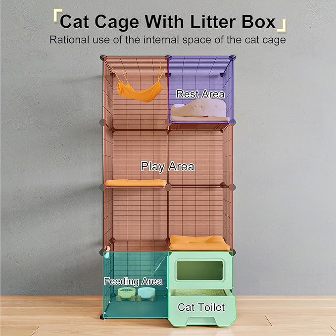 Oneluck Cat Cage Indoor with Litter Box 3-Tier DIY Cat Playpen Detachable Metal Wire Kennel Crate Large Exercise Place Ideal for 1-2 Kitty