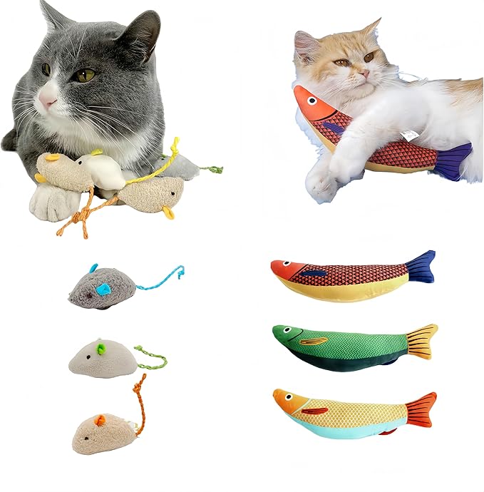 Catnip Fish Toy with Bell | 5000mg Premium A+ Catnip | Interactive Kicker Ball for Indoor Cats & Kittens | Includes Catnip Mice | Fun Kitty Toys