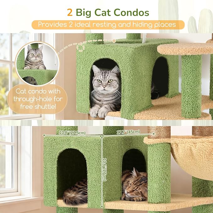 Globlazer Extra Large Cactus Cat Tree Tower, 82in Tall Heavy Duty Cat Tree for Indoor Cats Large Adult Big Cat Tower with 8 Scratching Posts, 2 Cat Condos, 2 Top Perches, 3 Hanging Baskets, S82, Green