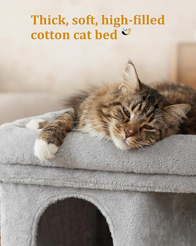 Aechonow Cat Tree for Large Cat, 19x16.5In Large Cat Perch, Adult Cat Tower for Indoor Cats with 24In Long Scratching Post, 2 Cozy Cat Condo House for Adult & Fat Cats, Light Gray