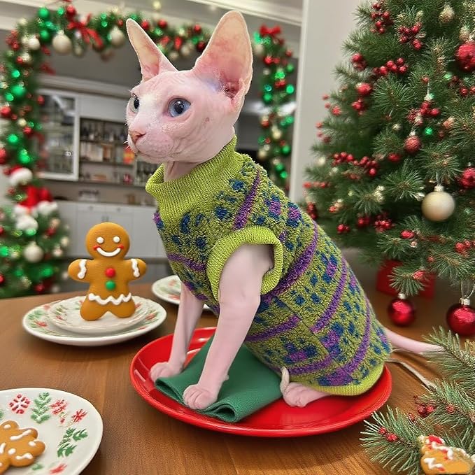 Sphynx Cat Winter Sweater, Warm Soft Fluffy Pet Clothes, for Hairless Cats, Cornish Rex, Devon Rex (Green, L (5-7 lbs))