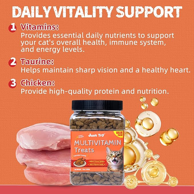 Just Try Cat Multivitamin Treats - Taurine for Cats L-Lysine Cat Treats, Cat Vitamins Crunchy Cat Treats for Overall Vitality, Chicken Flavor, Training Treats 16 oz