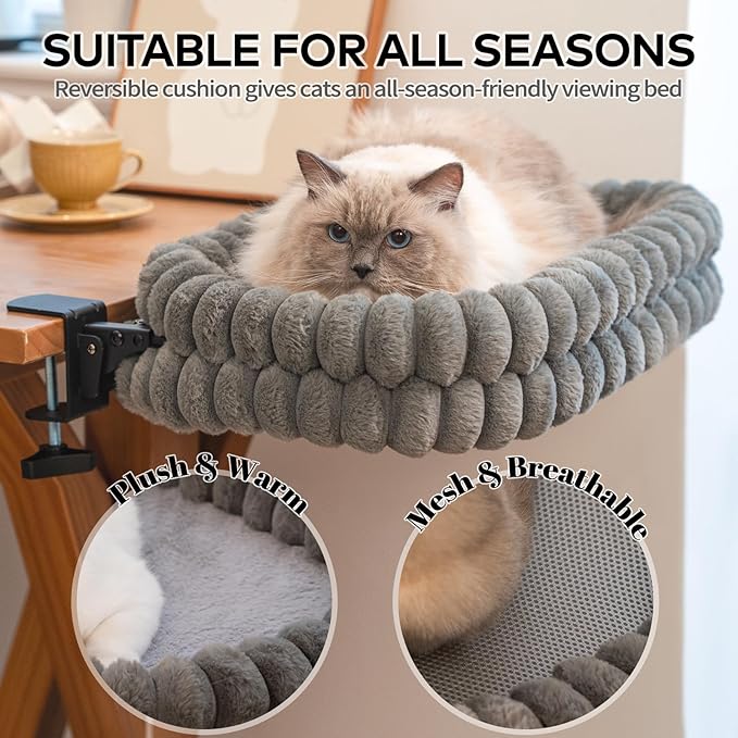 CHEERPALS Cat Desk Bed with Reversible Cushion, 90°Foldable Cat Hammock for Desk Mounted, Suitable for Medium-to-Large Cats and Puppy, Clowd Series(Grey, Medium)