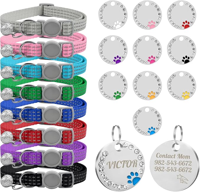 CAMAL Reflective Cat Collar with Name Tag, Personalized Cats Collar Breakaway with Bell, Customized Cat Collars Adjustable for Girls & Boys