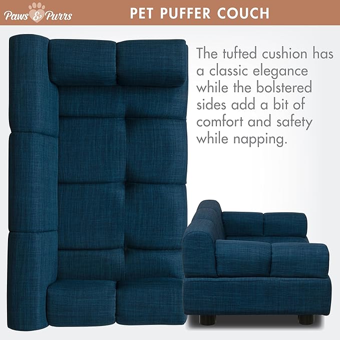Paws & Purrs Puffer Pet Sofa Bed, Dog or Cat Couch with Tufted Cushion and Armrest, Stylish Indoor Pet Furniture, Dark Blue