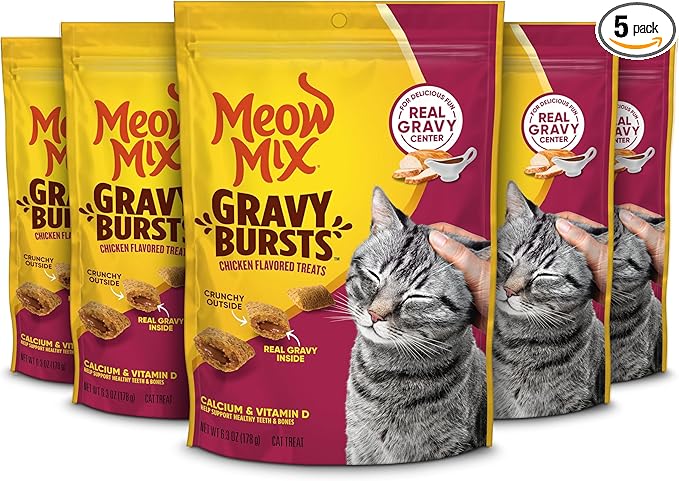 Meow Mix Gravy Bursts Chicken Flavored Cat Treats, 6.3 Oz. Bag (Pack of 5)