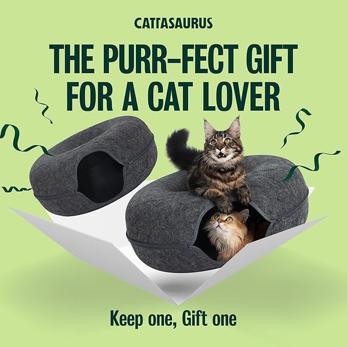 Cattasaurus Peekaboo Cat Cave Duo Jumbo Set, Extra Spacious Cat Donut for Multiple & Large Kitty 15+ lbs, Scratch Detachable Cat Beds for Indoor Cats, Washable Cat Tunnel Bed, Best Kitten Toys